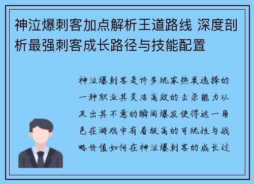 神泣爆刺客加点解析王道路线 深度剖析最强刺客成长路径与技能配置